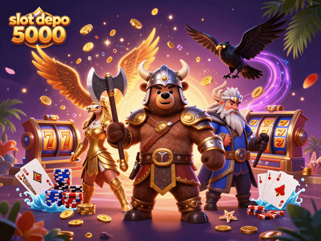 Experience thrilling wins with slot depo 5000 in this vibrant 3D casino scene filled with lucky symbols.