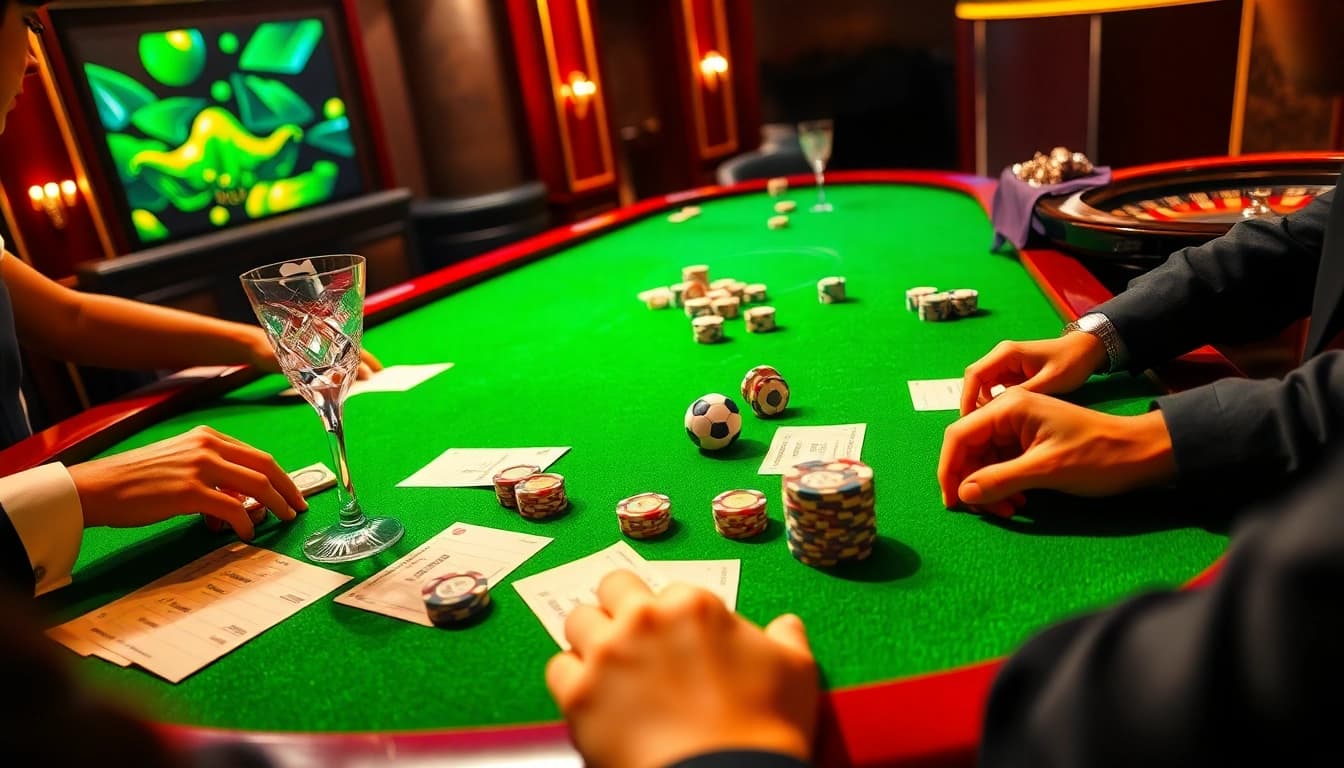 Gambling excitement at a football betting table, showcasing Judi Bola with eager players and colorful chips.