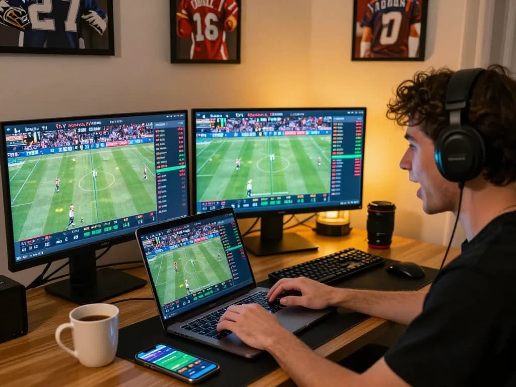 Engaging betting scene showing tỷ lệ kèo trực tuyến as a player analyzes odds on multiple screens during a thrilling sports betting session.