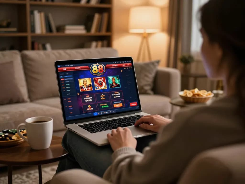 Enjoying gaming on open 88 in a cozy home setting with laptop and snacks