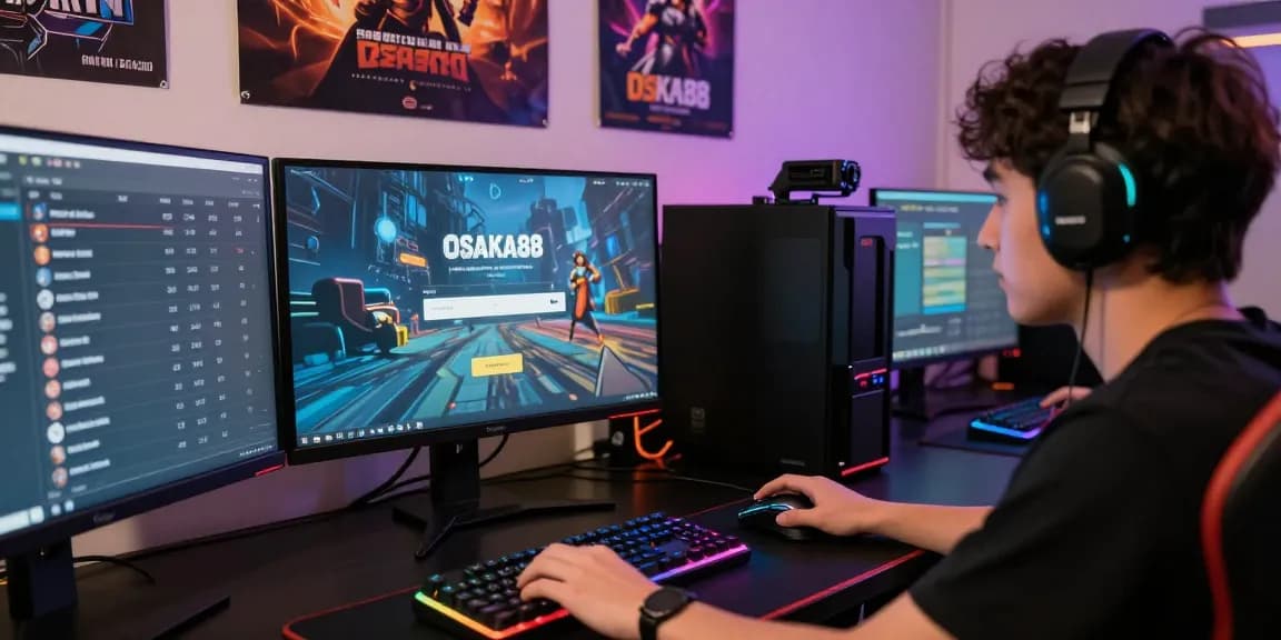 Player focused on OSAKA88 login interface in a vibrant gaming setup, showcasing excitement and engagement.