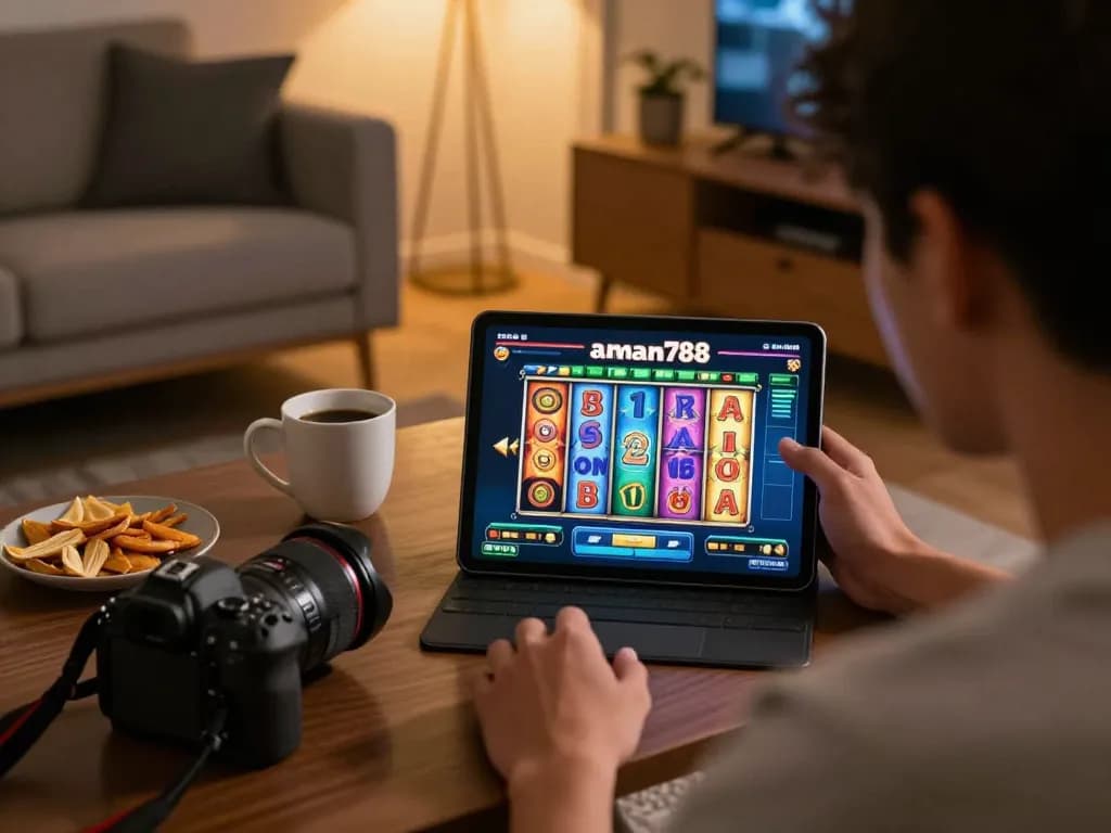 Scena menarik dari seorang pemain yang terbenam dalam permainan slot aman788 di tablet, menampilkan kegembiraan perjudian online