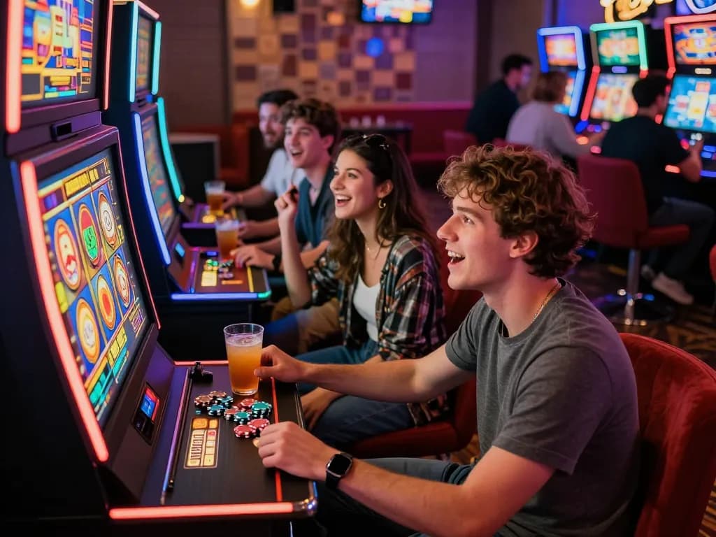 Friends enjoying a thrilling gaming experience at a situs gacor slot machine.