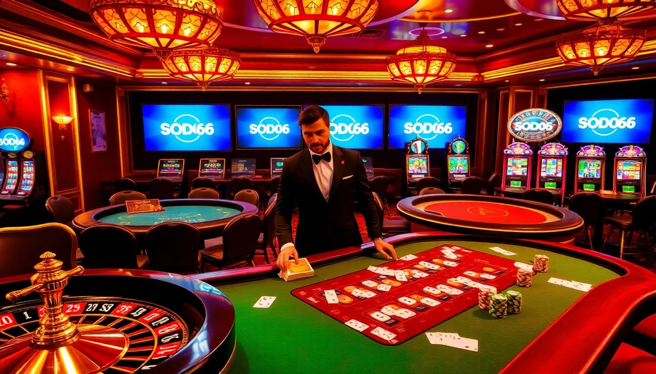 SODO66 casino experience showcasing roulette, poker tables, and gaming excitement.