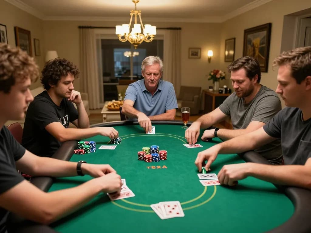 Pemain Aman788 menikmati permainan Texas Hold'em yang mendebarkan di rumah, semangat dan kebersamaan terlihat dalam adegan poker yang dinamis.