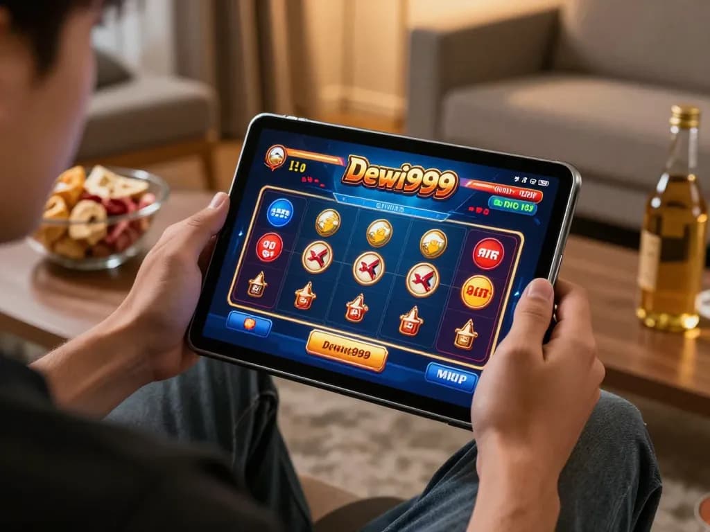 Kesenangan permainan online Dewi999 dengan pemain yang fokus pada tablet sambil menikmati suasana rumah yang nyaman.