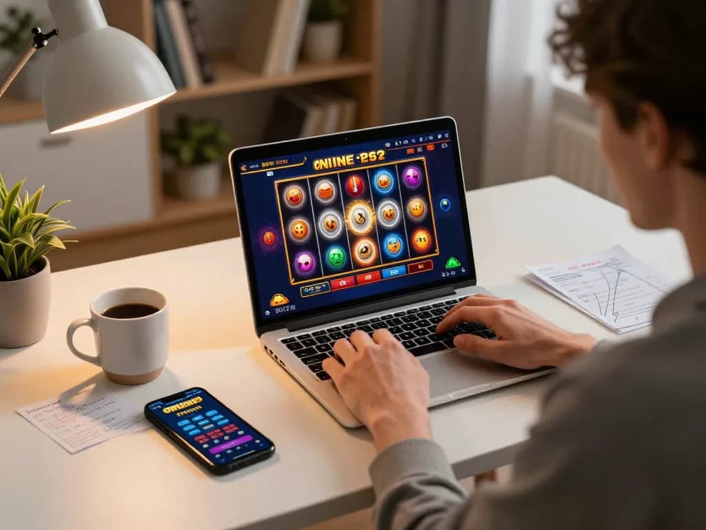 Engaged player winning at online casino games on laptop while enjoying a cozy home atmosphere with notes on strategies, experiencing ku win.