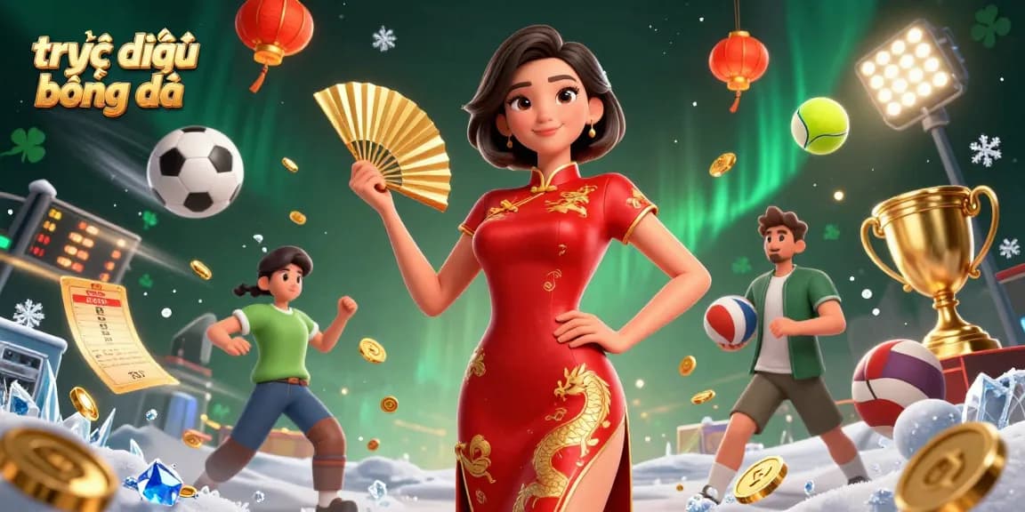 Experience trực tiếp bóng đá with vibrant scene featuring a confident woman, sports elements, and dynamic atmosphere.