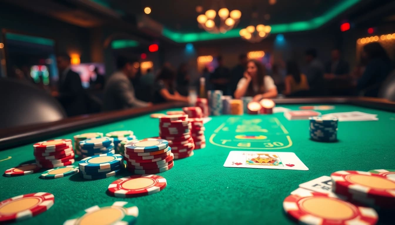 Permainan poker88 dengan chip colorful dan kartu menawan di meja kasino