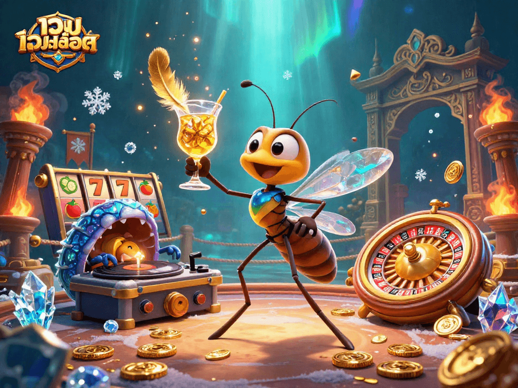 Engaging เว็บสล็อต scene featuring a frozen mosquito mascot, trilobite DJ, and ammonite roulette wheel.