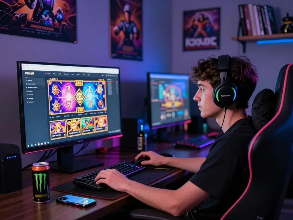 User engaged in KDSLOT online gaming platform surrounded by gaming paraphernalia and vibrant slot game graphics.