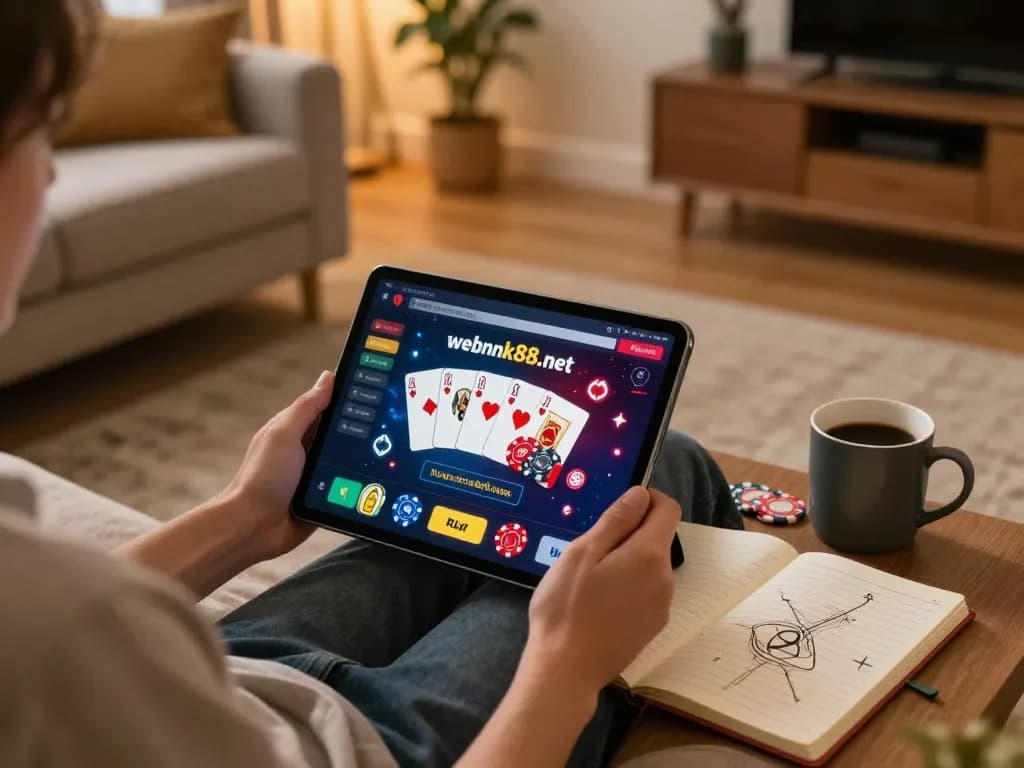 Engaging in a strategic online gaming session at https://webnk88.net/ with colorful graphics on a tablet and cozy living room elements.