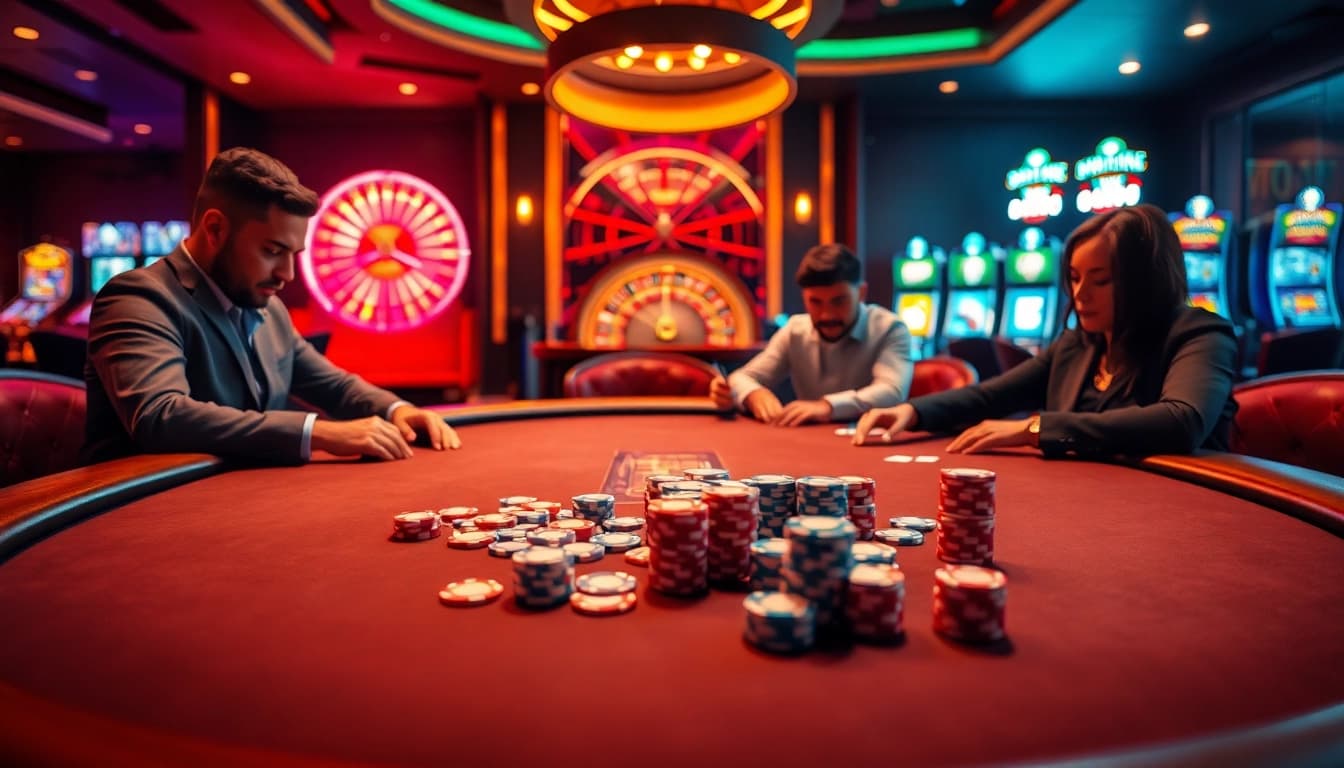 KONG88 poker players strategizing their next move at a vibrant casino table.