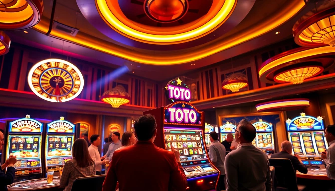 Pemain menang di mesin slot toto dalam suasana kasino yang penuh warna.