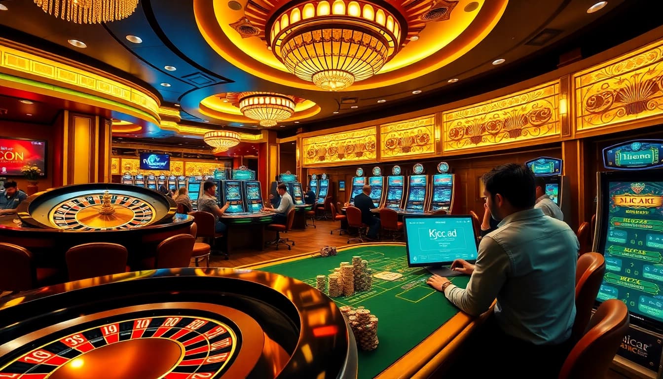 Engaging casino scene at https://kjc.ad/ with players enjoying roulette and poker.