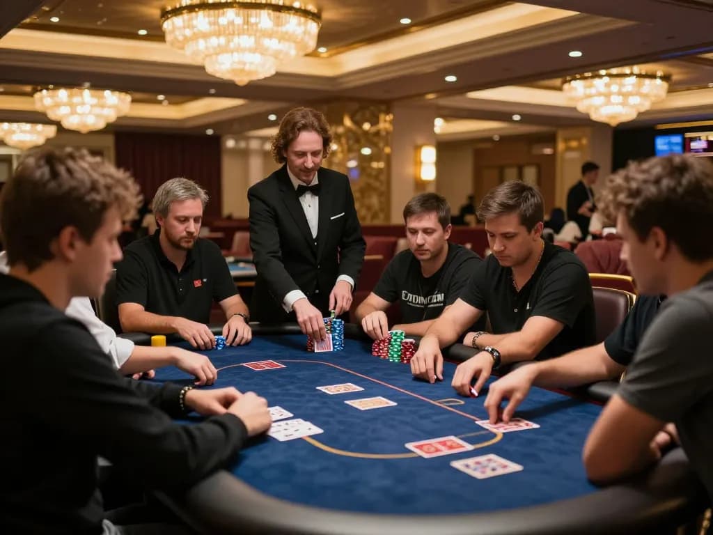 Engaged players at a high-stakes poker table in an upscale casino enjoying rikvip experience.