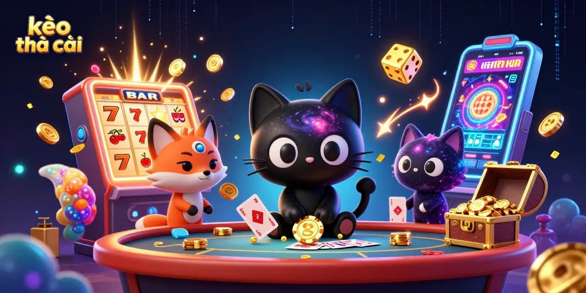 Engage with kèo nhà cái as a cosmic casino adventure unfolds with cartoon characters amid thrilling gambling elements.