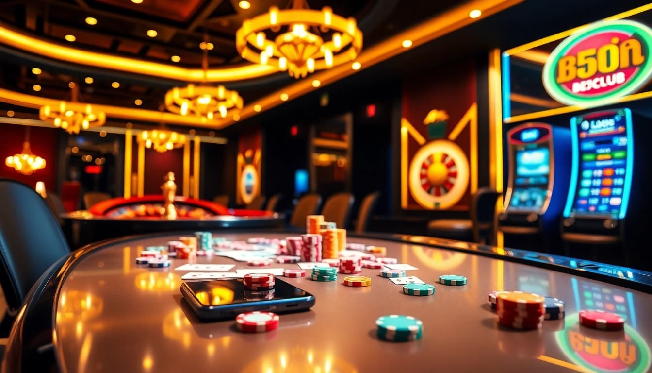 B52CLUB players enjoy an engaging poker game amidst vibrant casino elements.