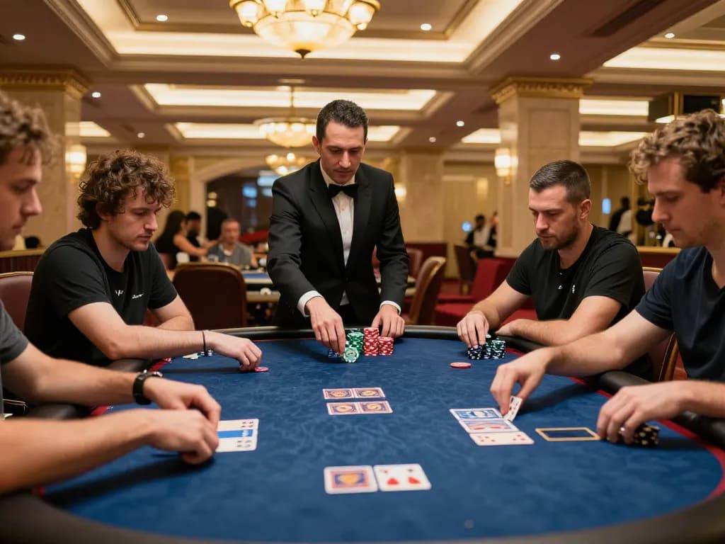 MPO777 players engaged in strategic poker gameplay at a vibrant casino table, showcasing intense concentration and elegant decor.