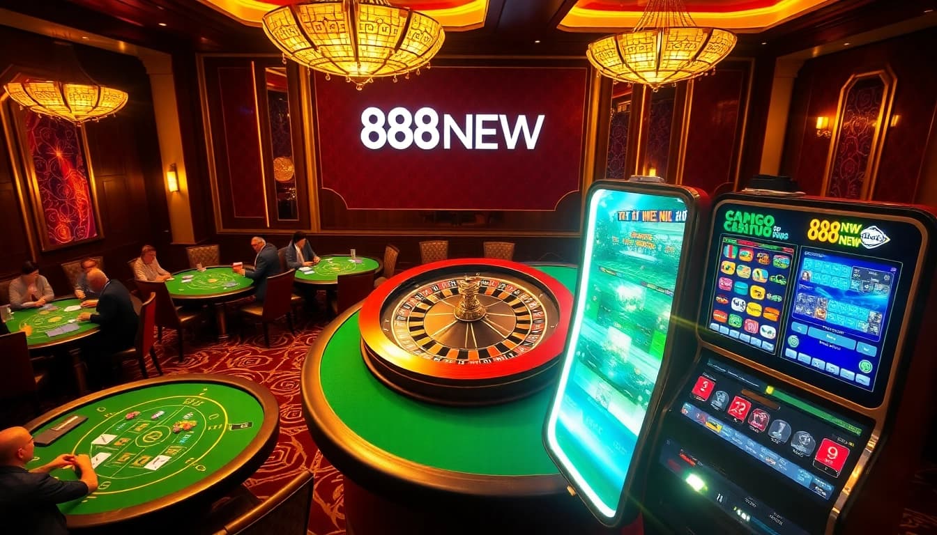 Experience the excitement of 888NEW with players around a roulette table and vivid slot machines.