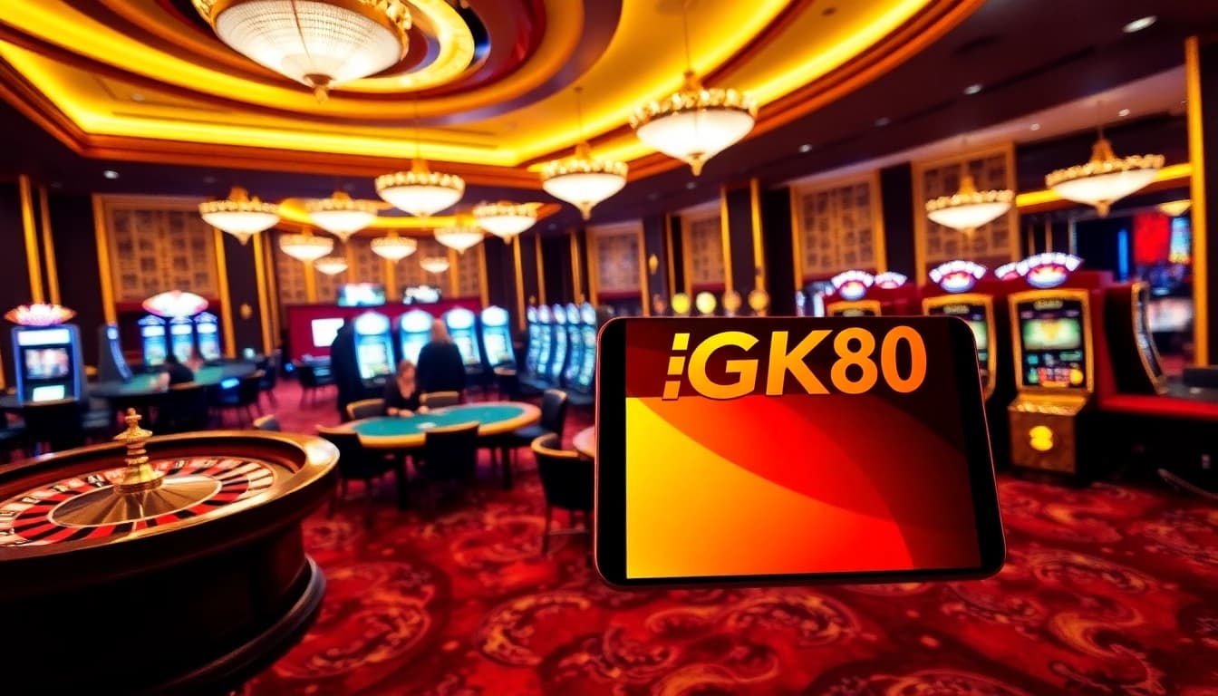 Players enjoying a thrilling casino experience featuring GK88 01 logo amidst vibrant games.