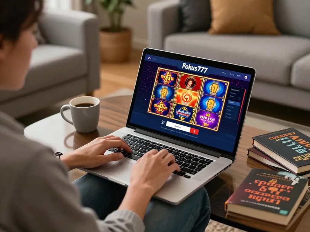 Player using Fokus777 login to engage with vibrant online slot games in a cozy home setting.