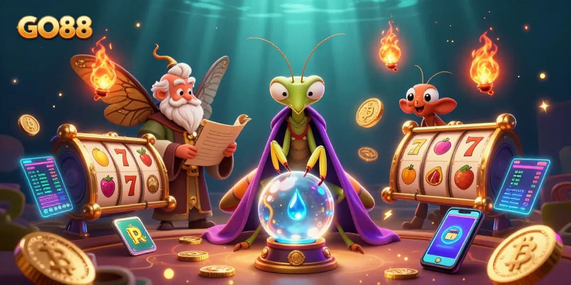 Experience GO88's vibrant world of slots with cartoon fortune tellers and glowing crypto elements.