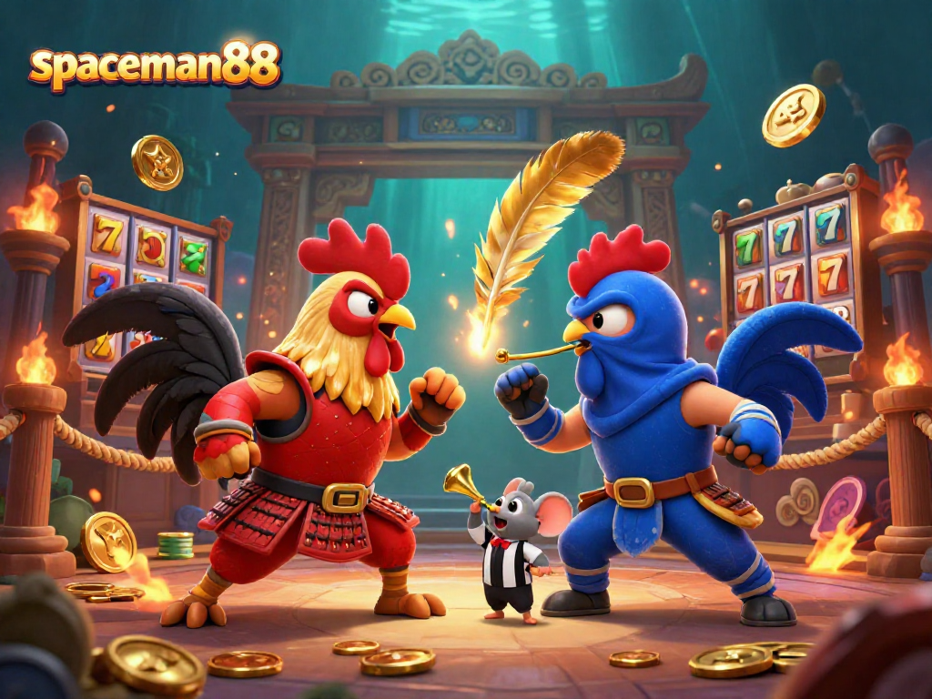 Engage in thrilling gameplay with spaceman88's vibrant slot scene featuring epic roosters.