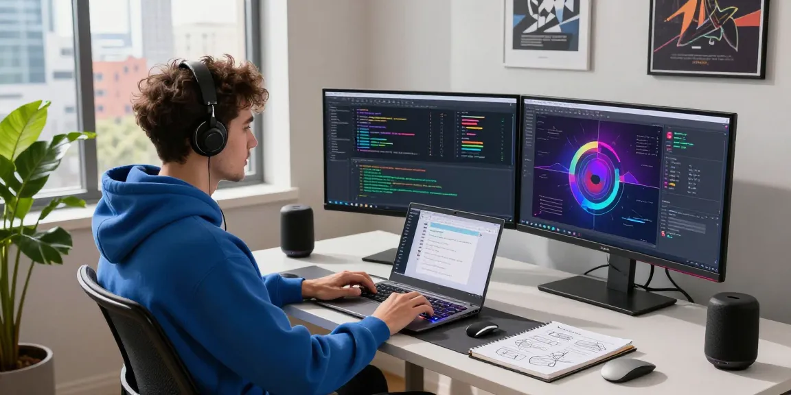 Developer engaging with crush ai in modern workspace, showcasing AI interface and vibrant city backdrop.