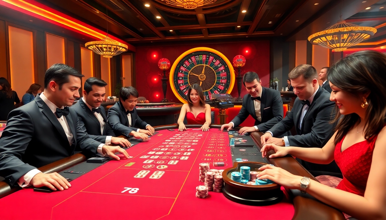Players enjoying a thrilling gambling experience at XX88 with colorful cards, poker chips, and roulette wheel.