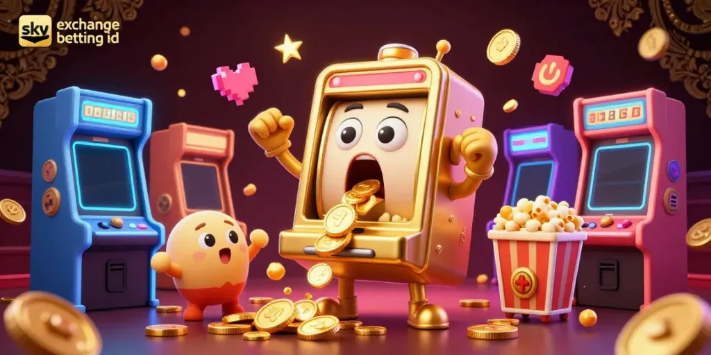 Experience thrilling moments with sky exchange betting id as a golden slot machine hits a jackpot amidst cheering companions.