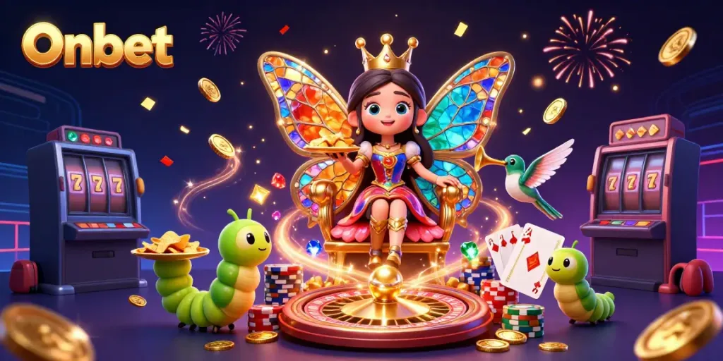 Experience the excitement of Onbet with a vibrant 3D casino scene featuring a butterfly queen, shimmering chips, and sparkling gems.