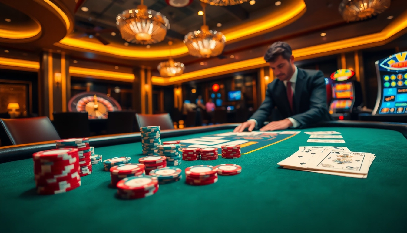 Exciting poker action at VA88 casino with dealer, chips, and cards.