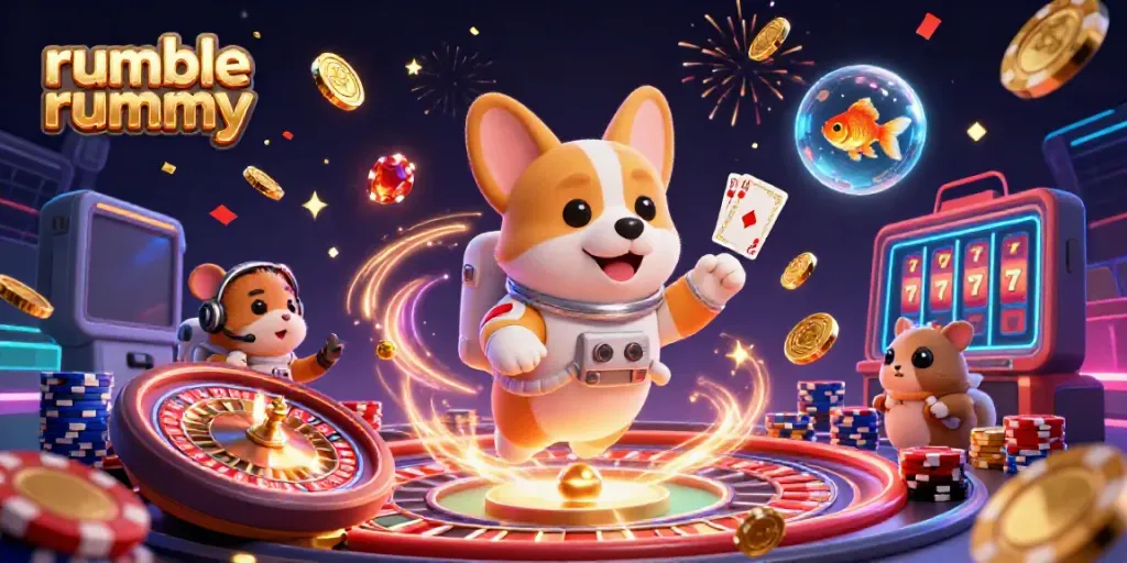 Experience Rumble Rummy with a thrilling 3D scene filled with a floating corgi, hamster, and goldfish, immersed in a lively casino atmosphere.