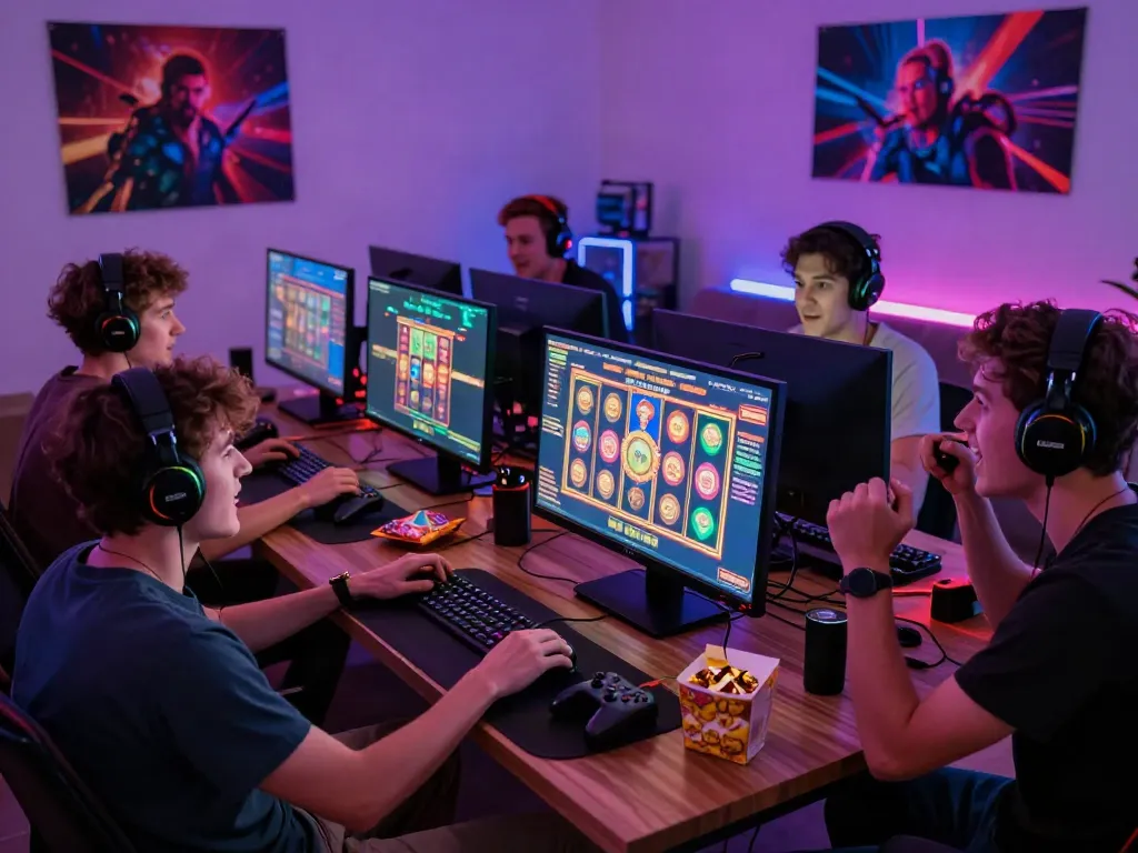 Group of friends enjoying an akunjp gaming session with excitement in a tech-savvy environment.