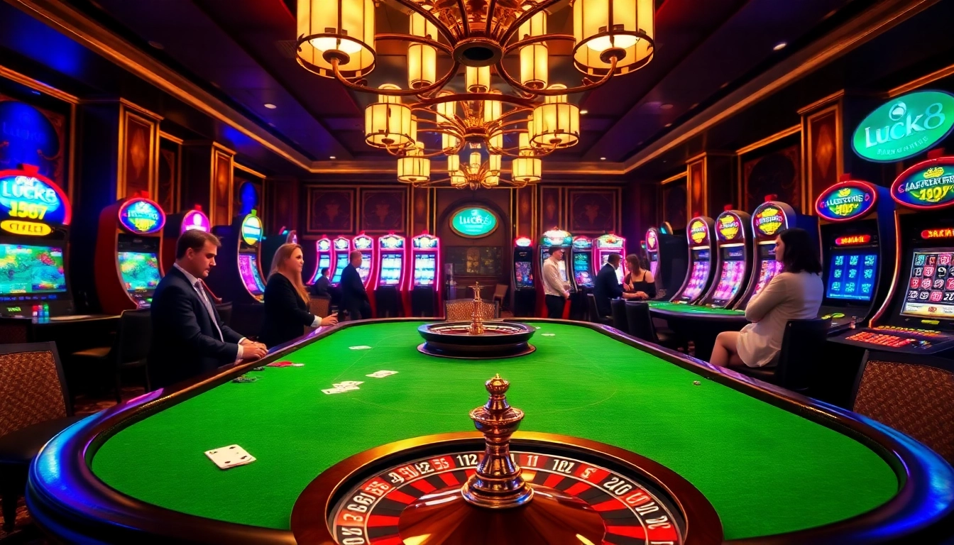 Experience the excitement of Luck8 with players enjoying thrilling casino games at elegant tables.