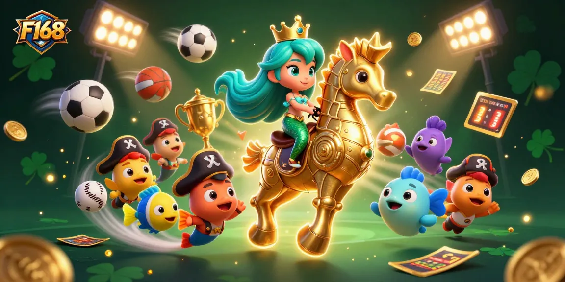 Join the fun at F168 with a vibrant 3D illustration of a mermaid princess in a casino-themed scene.