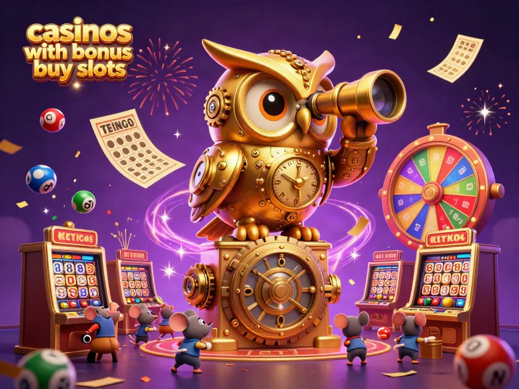 Experience excitement with casinos featuring bonus buy slots illustrated by a golden owl scanning the casino floor.