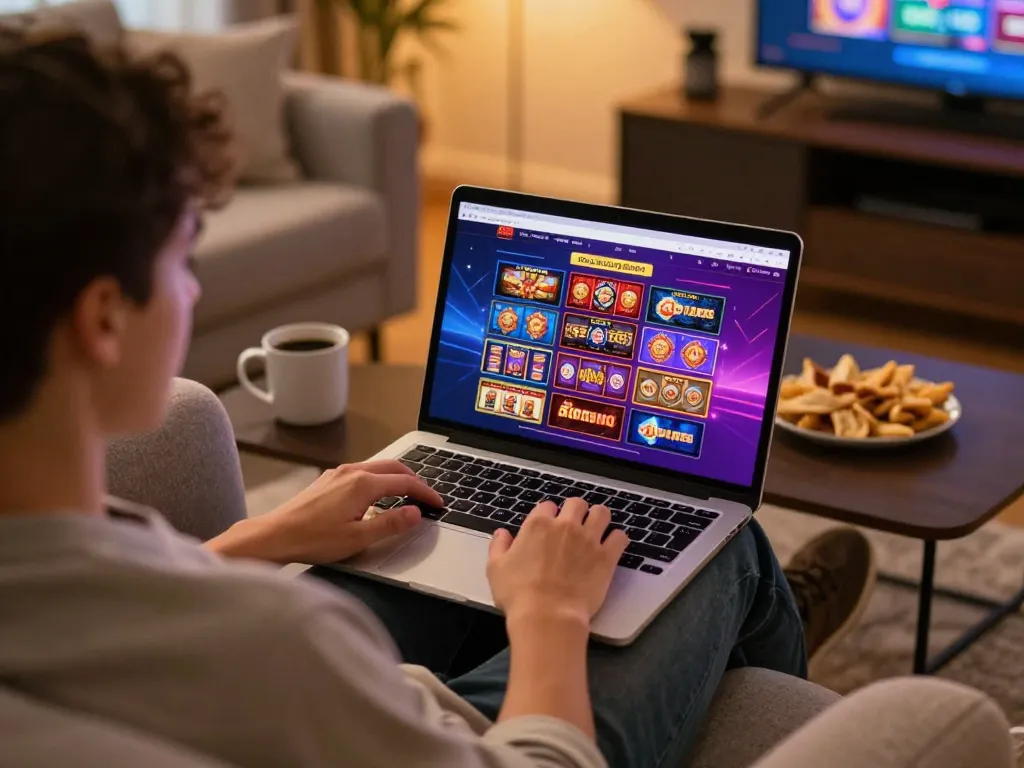 Player engaging with non gamstop casinos on laptop at home, showcasing responsible gaming habits.