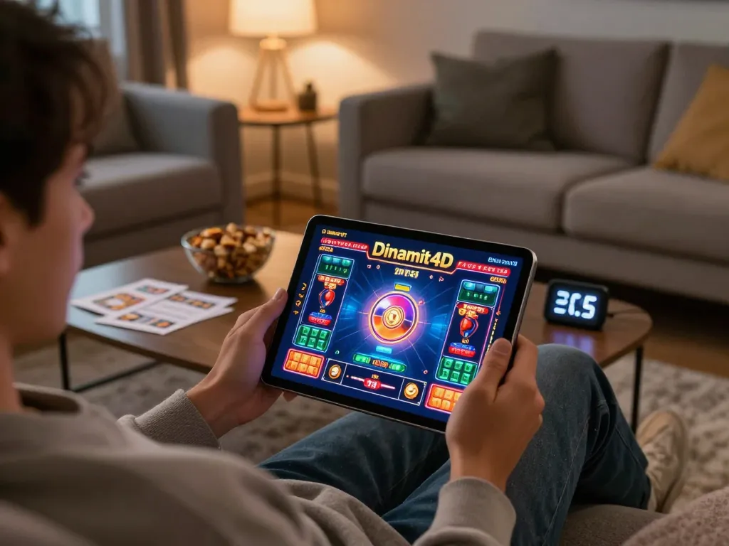 Playing Dinamit4D on a tablet in a cozy living room with strategic notes around.