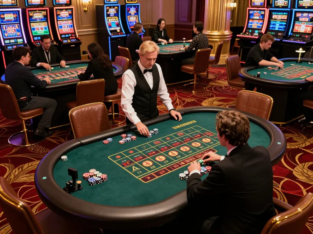 Engaged players at online USA casinos placing bets on roulette in an elegant casino setting.
