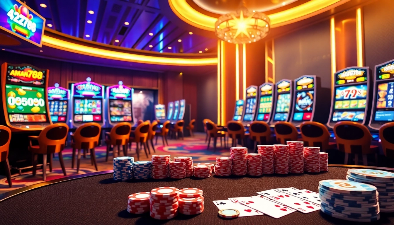 Mesin slot Aman788 dan meja kasino yang cerah membangkitkan antusiasme dalam perjudian online.