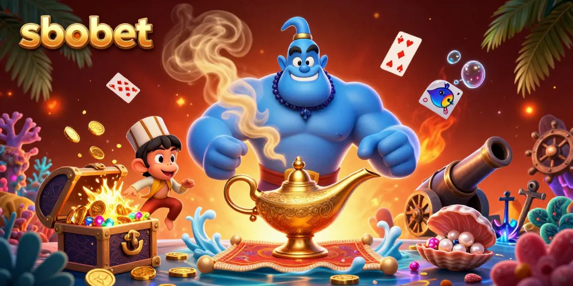 Experience exciting sbobet betting with a vibrant illustration of a genie and magical elements.