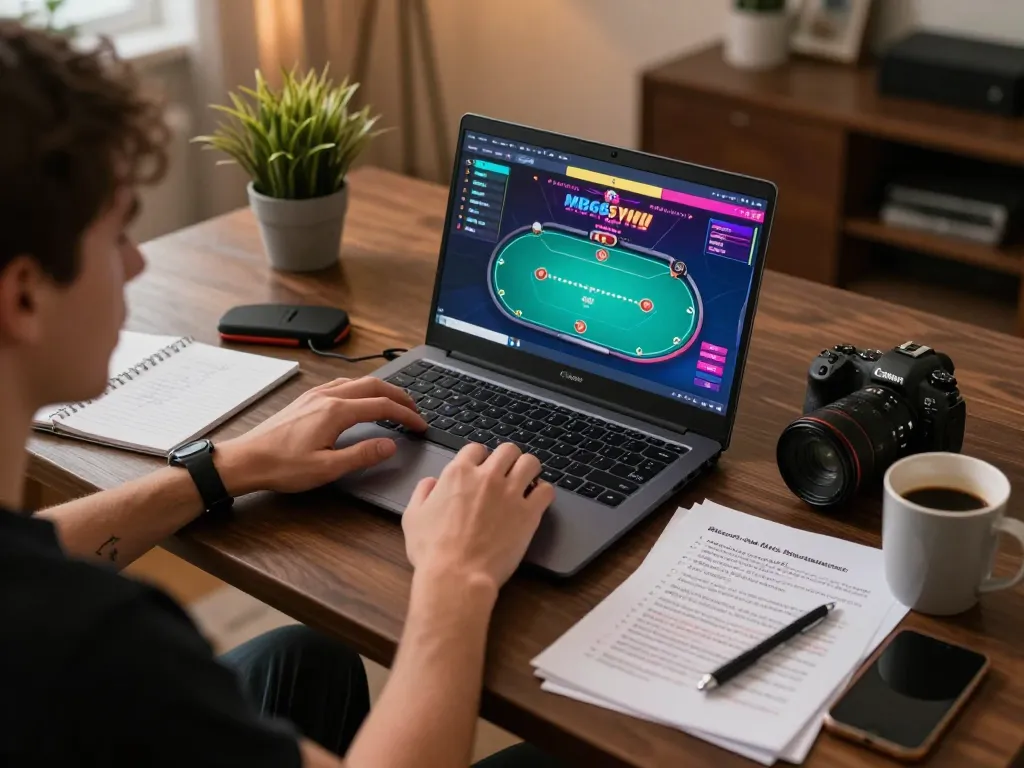 Engaged player strategizing on MB66 gaming platform with bankroll notes and vibrant graphics