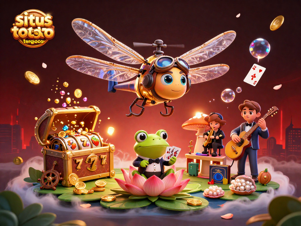Experience thrilling wins at situs toto slot tergacor with a dazzling casino scene featuring a frog dealer and lively jazz band.