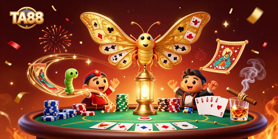 Engage in thrilling gameplay with TA88, where golden moths weave intricate casino scenes.