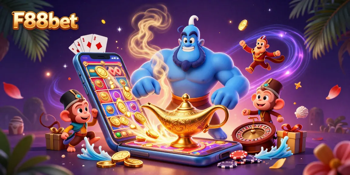 Engage with winning strategies at F88bet in a vibrant 3D casino-themed illustration.