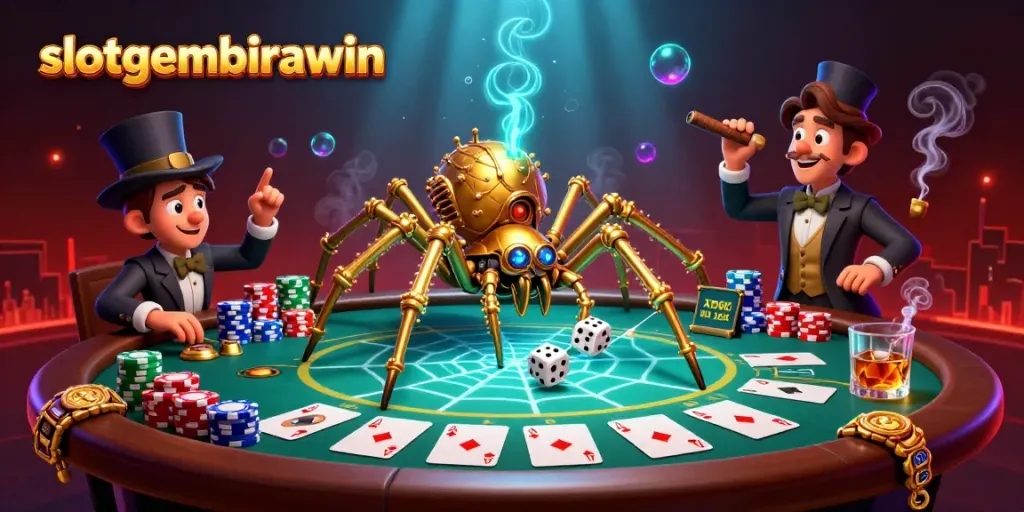 Engaging scene depicting slotgembirawin with a golden spider and a Victorian gentleman surrounded by dynamic casino elements, rich in detail.