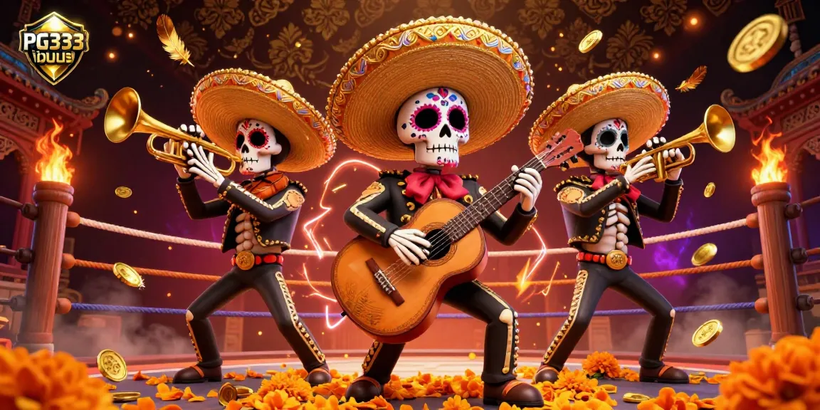 Experience the excitement of PG333 เว็บตรง with a vibrant Day of the Dead-themed casino illustration featuring lively mariachi characters.