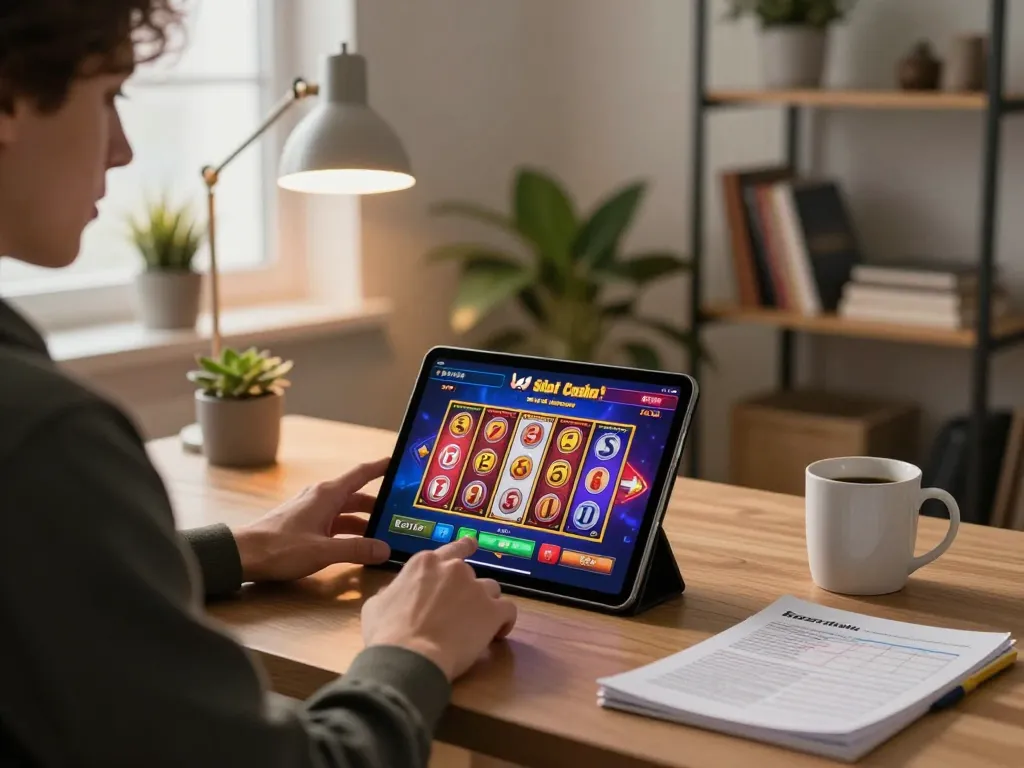 Engaging scene of kdslot being played on a tablet in a cozy home office, showcasing a strategic and focused gambling atmosphere.
